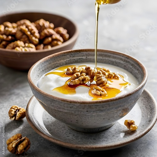 A bowl of greek yogurt with a drizzle of honey and walnuts.