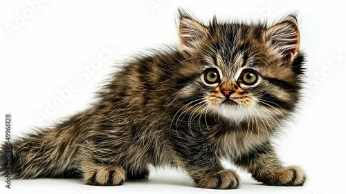 Adorable fluffy long hair tabby kitten sitting and looking curiously at the camera, isolated on a clean white background