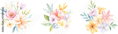 Delicate watercolor floral arrangements featuring soft pastel hues and greenery isolated on transparent background