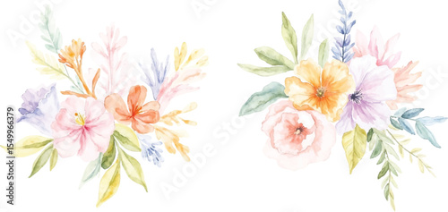 Two delicate watercolor floral arrangements featuring soft pastel hues and lush greenery isolated on transparent background