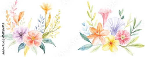 Delicate watercolor floral arrangements featuring soft hues and greenery isolated on transparent background