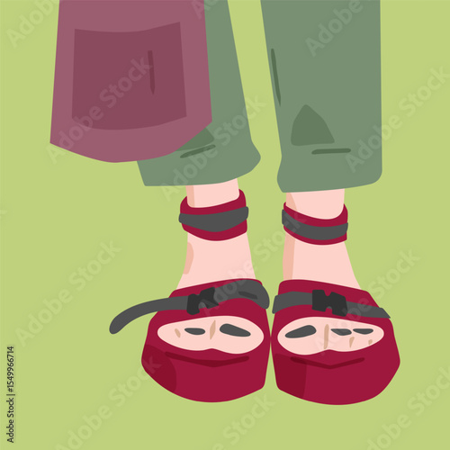 Flat Walking Sandals and Legs. Red strapped walking sandals on bare feet with rolled-up green pants, top-down view. Flat cartoon style with soft earthy palette, isolated composition.
