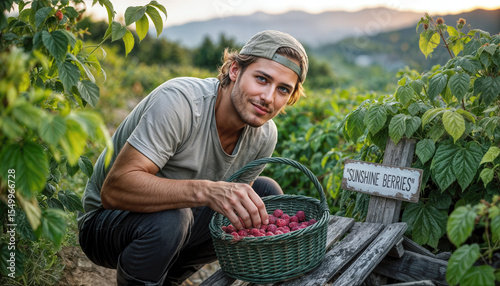 Young man harvesting raspberries in berry field