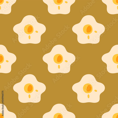 Seamless Warm Floral Cartoon Pattern. Playful seamless floral pattern with stylized five-petal flowers and orange centers on warm ochre background. Flat cartoon style, cozy and decorative design.