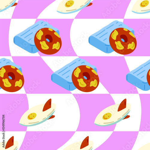 Seamless Surfboard Float Ring Pattern. Bright seamless pattern with cartoon surfboards, inflatable duck rings and blue air floats. Flat summer design on pink and white wavy background.