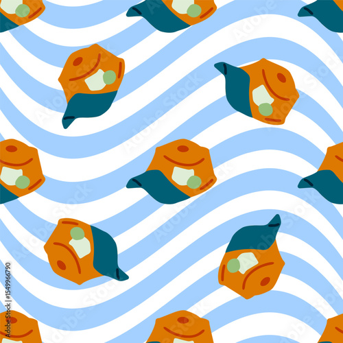 Seamless Camping Kettle Wave Pattern. Seamless pattern with cartoon camping kettles on blue and white wavy background. Flat summer style with orange and green teapots arranged diagonally.