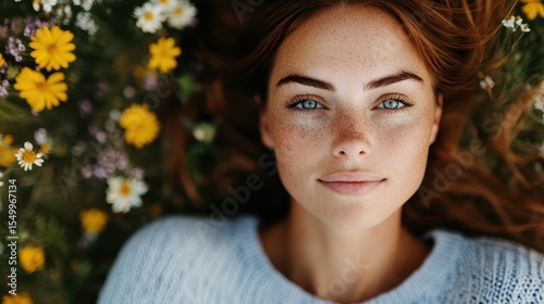 A serene young woman lies on vibrant wildflowers, casting a peaceful gaze toward the camera while exuding tranquility and a connection with nature's beauty and life.