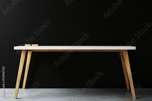 Minimalist black background for product display, white desk with wooden legs and two sticky notes