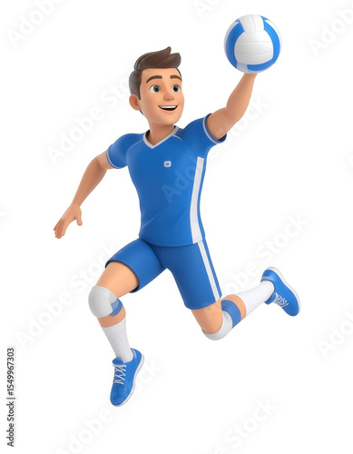 Cartoon man in blue volleyball uniform jumping with a volleyball in hand transparent background