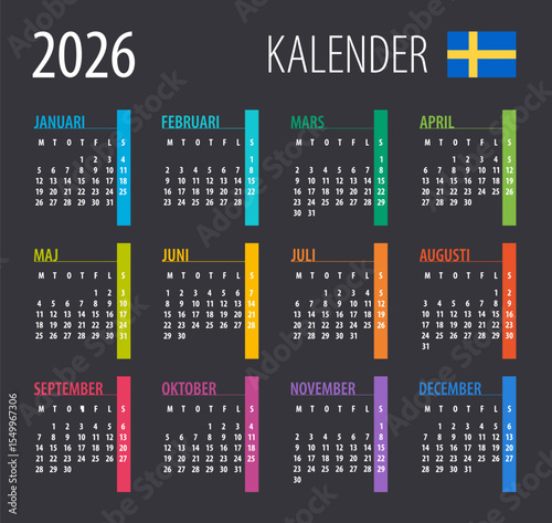 2026 Calendar - vector illustration. Template. Mock up. Swedish version
