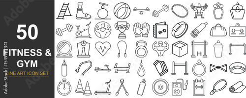 50 Minimal Line Art Vector Icons of Gym and Fitness Tools Including Strength Training Gear, Exercise Accessories, and Cardio Equipment for Health Apps, Print Design, and Web Use