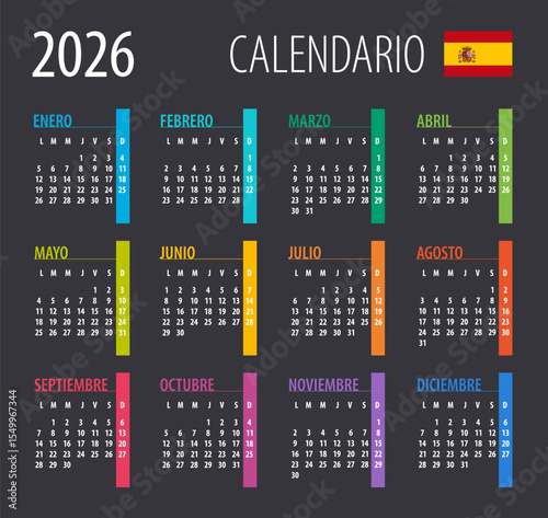 2026 Calendar - illustration. Template. Mock up. Spanish version