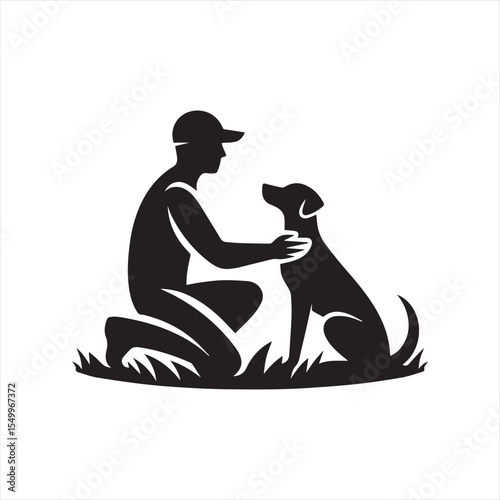 Man Petting Dog – Human Animal Bond Silhouette Vector .