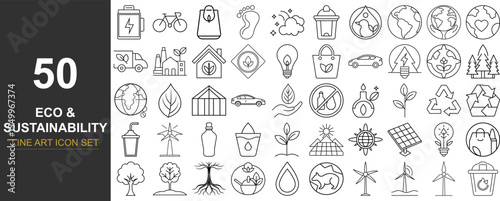50 Line Art Vector Icons of Eco and Sustainability Concepts Including Renewable Energy, Recycling, Green Living, Organic Products, and Environmental Conservation for Web, Apps, and Infographics