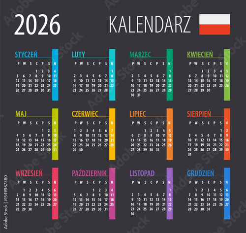 2026 Calendar - vector illustration. Template. Mock up. Polish version