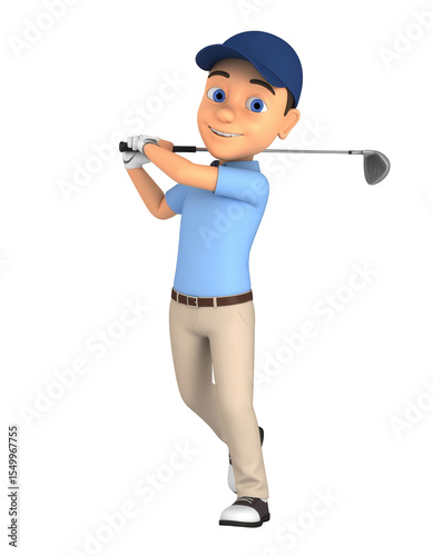 Cartoon golfer in blue shirt swinging golf club against black background transparent background