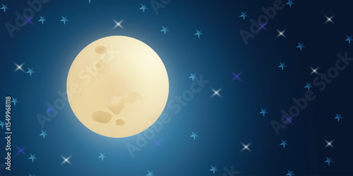 Vector illustration of a glowing full moon in a dark starry night sky. Magical and peaceful celestial scene in flat style, perfect for backgrounds, posters, bedtime stories, and sky-themed designs.