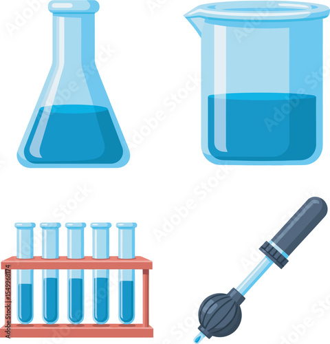 Laboratory Glassware Erlenmeyer Flask, Beaker, Test Tubes, and Pipette