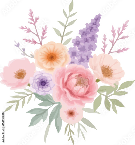 Delicate watercolor floral arrangement with pink peach and lavender hues isolated on transparent background
