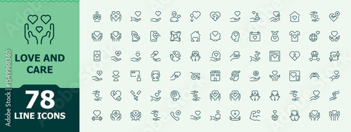 Love And Care vector line icon set. Love modern icon set. Minimalist vector collections. Contain linear symbols respect, friendship, trust, hand, linearity and more. Signs for web and mobile app.