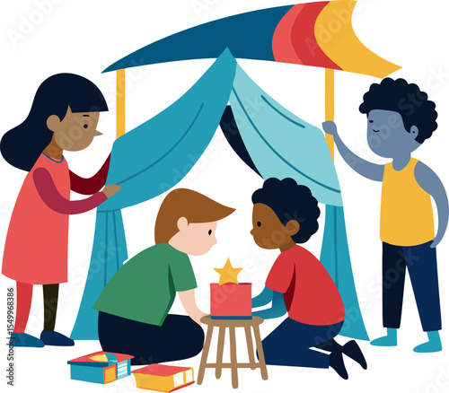 "Children building indoor fort with blankets silhouette"