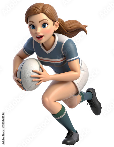 Cartoon woman running with a rugby ball in a blue and white uniform transparent background