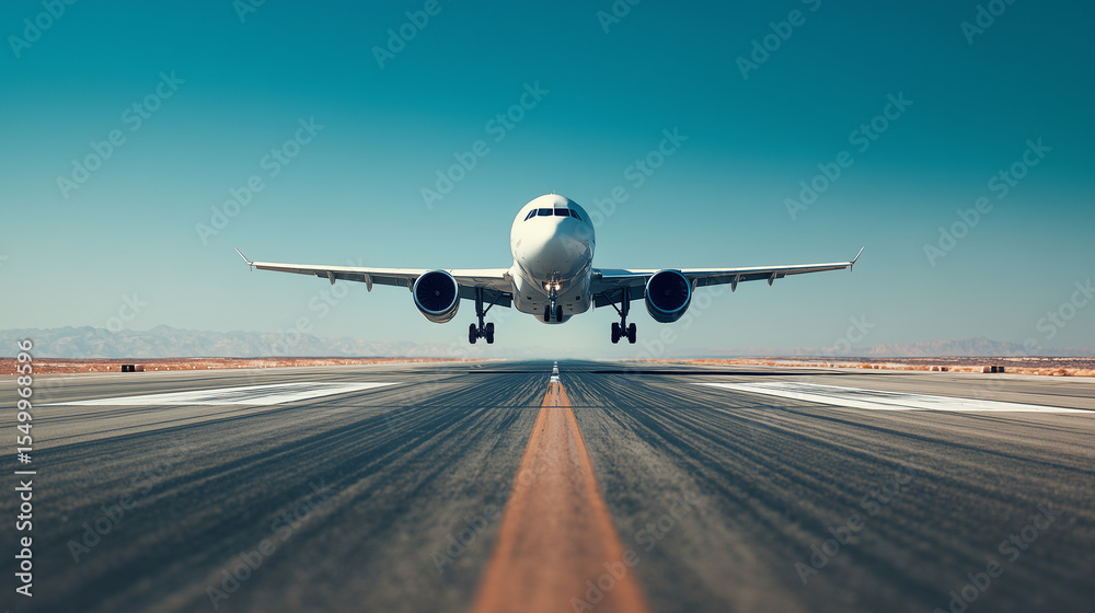 Obraz premium Front view of a passenger jet ascending from a flat runway on a sunny day, showcasing speed, technology, and travel inspiration airplane front view, runway departure, airliner asce