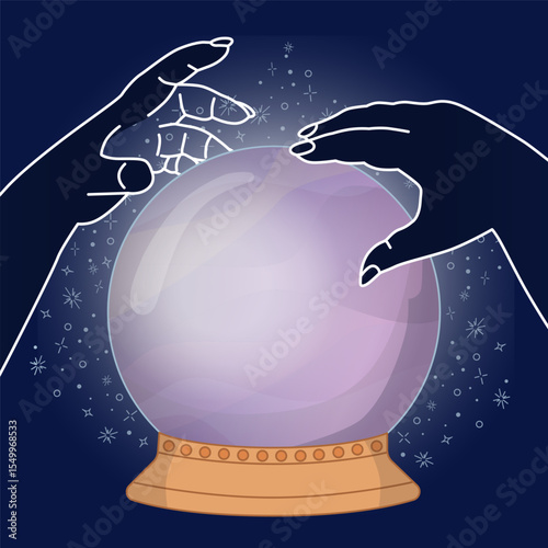 Magic ball with witch hands. Magic with magic ball on dark background. Hand drawn vector illustration