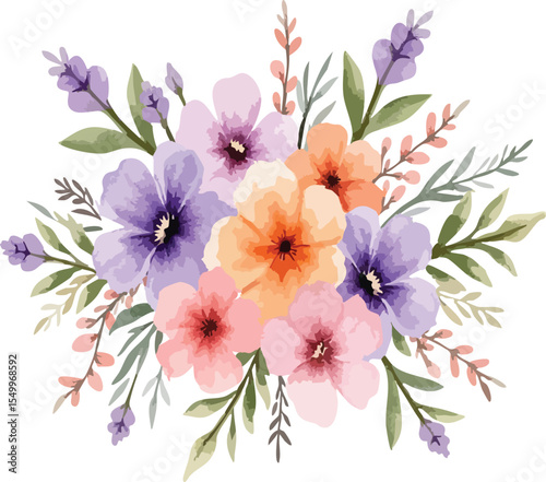 Beautiful watercolor floral arrangement with purple pink and orange flowers isolated on transparent background