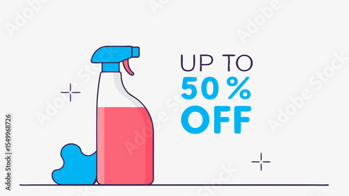 Clean and modern vector illustration of a cleaning spray bottle with "Up to 50% Off" promotional message for advertising