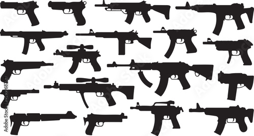 Gun Silhouette Collection Vector Art Illustration Firearm Weapon Set