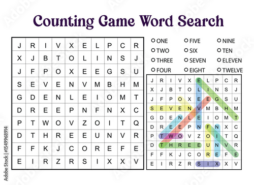Counting Game Word Search Puzzle with Numbers One to Twelve