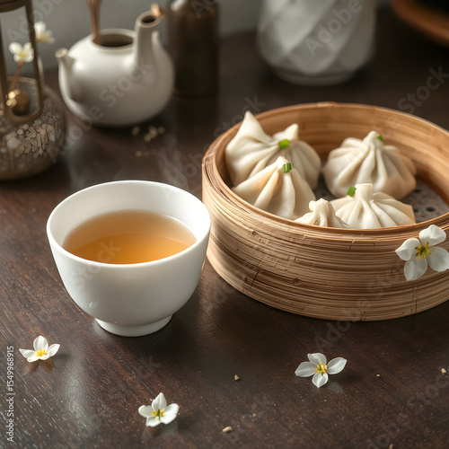 Refinado té de jazmín y dim sum en ambiente minimalista