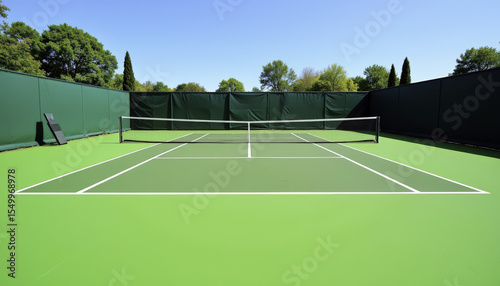 Tennis court with green surface and surrounding fence