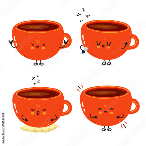 Expressive orange Coffee Cup characters displaying dynamic emotions, cheerful, drowsy, rocking out, and melodically singing within whimsical beverage themed illustration