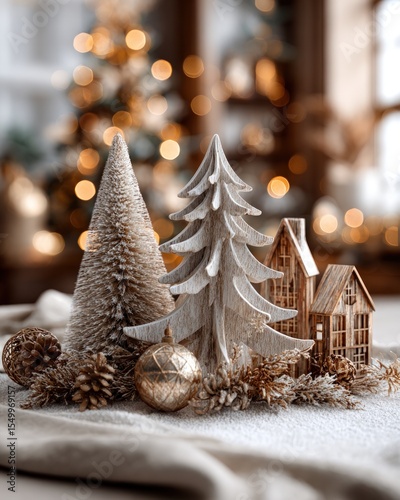 Festive christmas decorations displayed on a textured surface.