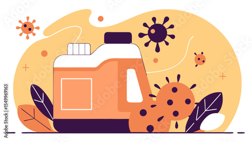 Stylish vector illustration of a cleaning liquid bottle surrounded by germs and leaves for sanitation purposes