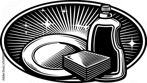 Classic vector illustration of dish soap, sponge, and plate in a vintage style for kitchen cleaning