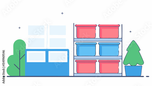 Stylish vector illustration of organized shelving units with storage bins in a cozy environment
