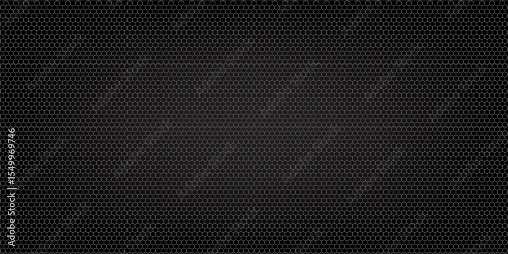 Dark grey abstract wide horizontal banner with hexagon carbon fiber grid and orange luminous lines. Technology vector background with orange neon lines