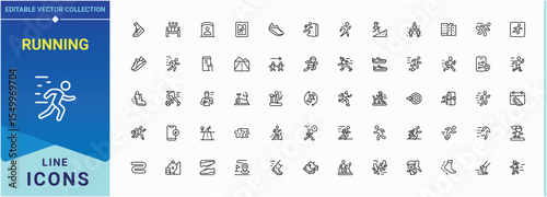 Running line icon set. Competition line icon set. Modern vector illustration. Contains such symbols as gym, activity, runner, fitness, training and more. Editable stroke. Vector illustration.
