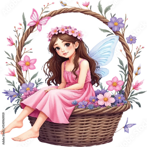 Charming watercolor fairy with blue wings and pink dress sits in a flower decorated basket isolated on transparent background