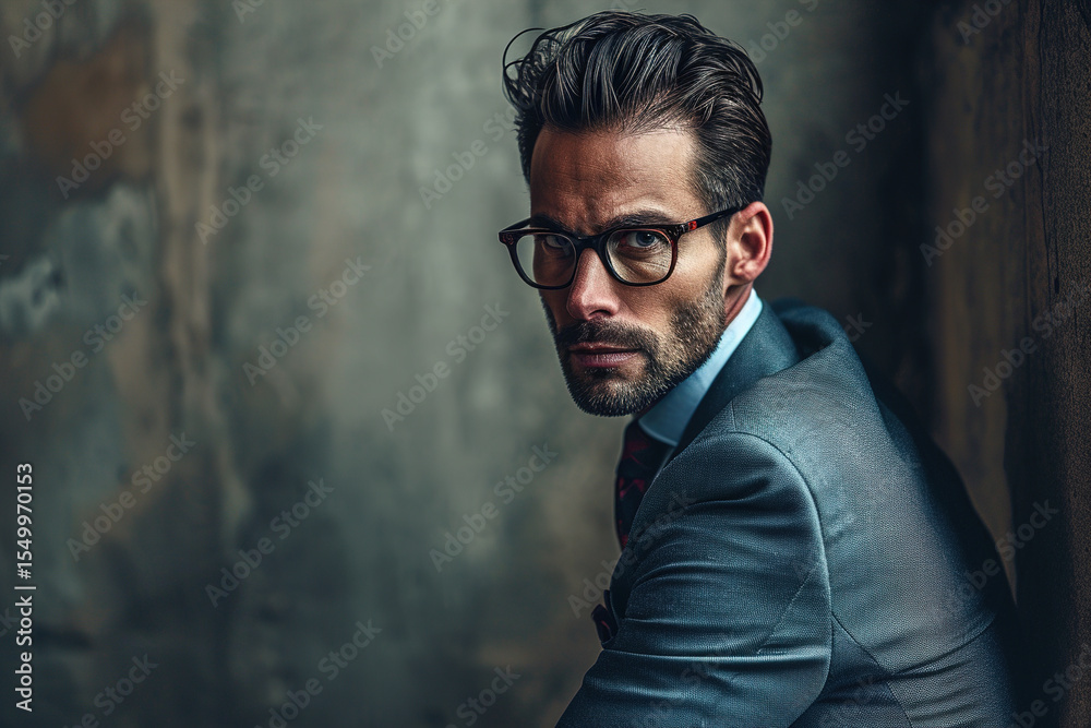 Fototapeta premium Stylish Man in Gray Suit, Dark Hair, Glasses, Serious Expression
