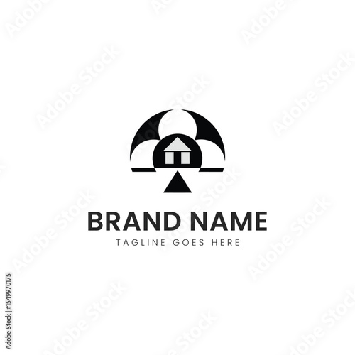 A minimalist logo featuring a stylized house under an abstract design, conveying stability and modernity, suitable for real estate or home services.