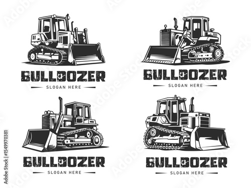 Vintage bulldozer vector with excavator and bulldozer logo on white background	