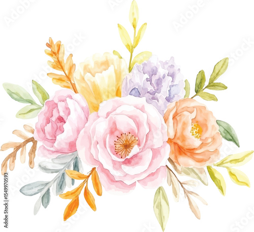 Beautiful watercolor floral arrangement with pink roses orange peonies and lavender blooms isolated on transparent background