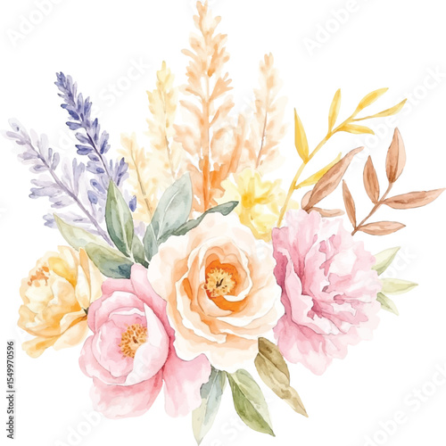 Delicate watercolor floral arrangement featuring roses lavender and pampas grass isolated on transparent background