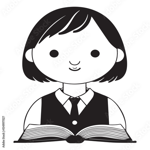 Cute cartoon child wearing a vest and tie reading an open book