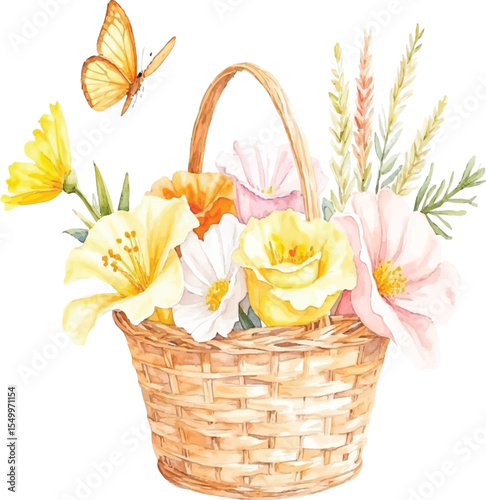 Watercolor basket overflowing with yellow orange and pink flowers with a butterfly and wheat stalks isolated on transparent background