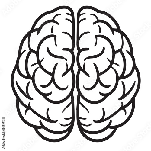 Stylized black and white drawing of a human brain viewed from above